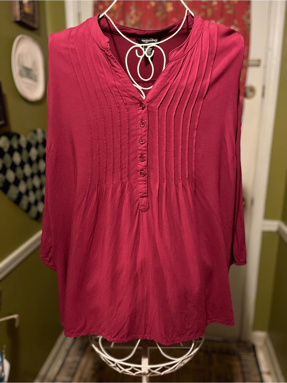 Millenium Wine Red Pintuck V-Neck Long Sleeve Blouse 3X
